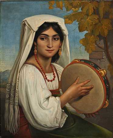 拿着手鼓的罗马女人`Roman Woman With Tambourine (1834) by Johann Heinrich Richter