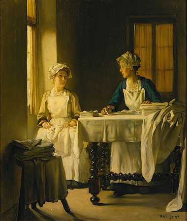 两张女士折叠床单的内饰`Interior With Two Women Folding Sheets by Joseph Bail
