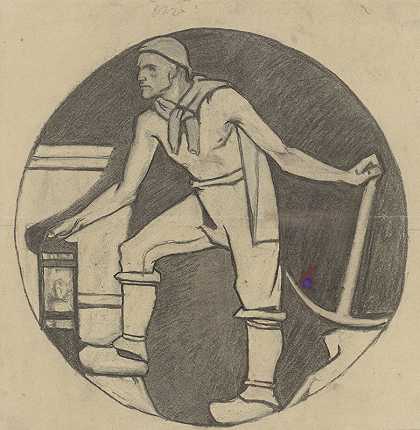 带灯和鹤嘴锄的矿工`Mijnwerker met lamp en houweel (1878 ~ 1938) by Richard Nicolaüs Roland Holst