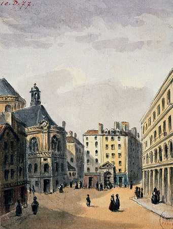圣尤斯塔切角和喷泉。`Pointe Saint~Eustache et la fontaine. (1810) by Auguste-Sébastien Bénard