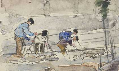 四名工人在地面工作`Vier werklieden bezig met grondwerkzaamheden (1860 ~ 1921) by Adolf le Comte