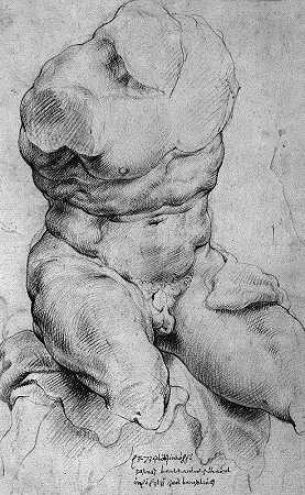人体躯干。丽城。古董雕塑的正景观。`Torso. Belvedere. Front view of the antique sculpture. (1628 – 1629) by Willem Panneels