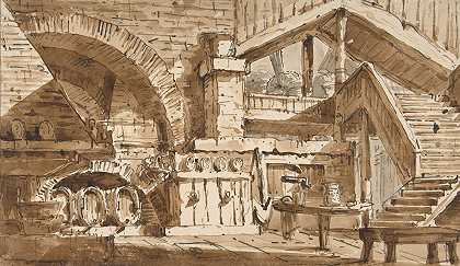 展示乡村厨房屋内的舞台布景设计（Cucina Rustica）`Design for a Stage Set Showing Interior of Rustic Kitchen (Cucina Rustica) (1759–1829) by Lorenzo Sacchetti