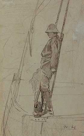年轻人靠着帆船索具`Young Man Leaning Against Sailboat Rigging (1875) by Winslow Homer