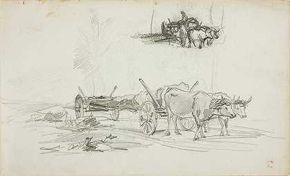 两张牛拉木头的草图`Two Sketches of Oxen Hauling a Log by Charles François Daubigny