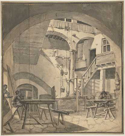 意大利酒馆的庭院`Courtyard of an Italian Tavern (1644–1653) by Thomas Adriaensz. Wyck