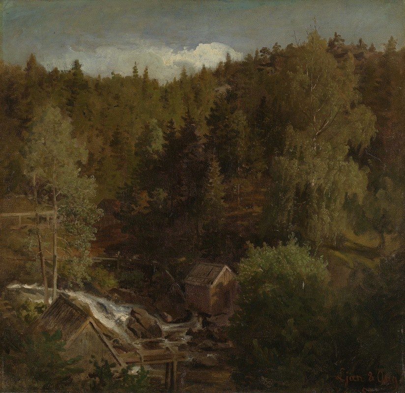 有磨坊的风景`Landscape with a Mill (1858) by Hans Gude