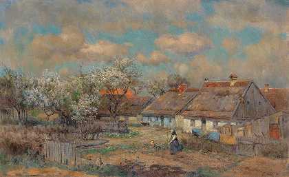 五一劳动节（带蔬菜园的乡村景观）`Ein Maitag (Dorfansicht mit Gemüsegärten) (1897) by Georg Flad