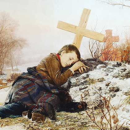 母亲的孤儿她的坟墓`An orphan on his mothers grave (1888) by Uroš Predić