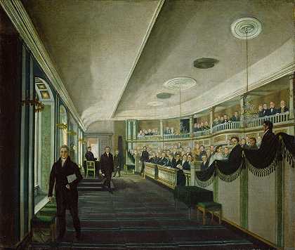 来自克里斯蒂安娜·卡泰德拉尔学校旧大法院的一次会议。`Fra et møte i den gamle Stortingssalen i Christiania Katedralskole (1830) by Matthias Stoltenberg