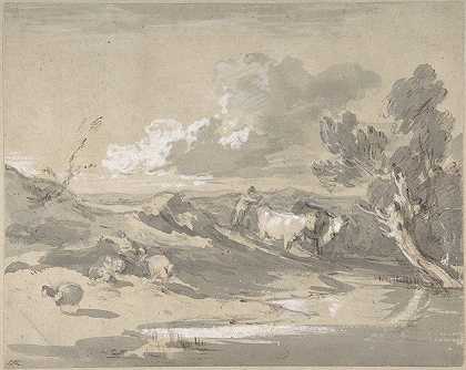 牧民、牛和羊的开阔景观`Open Landscape with Herdsman, Cows, and Sheep (ca. 1785) by Thomas Gainsborough