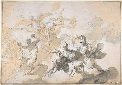 天花板装饰有火星、密涅瓦和一只跳舞的色狼`Ceiling Decoration with Mars, Minerva, and a Dancing Satyr (1720–30) by Giovanni Domenico Ferretti