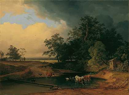 《夜色中的奥兰沙夫特》`Aulandschaft bei Abendstimmung (1847) by Josef Feid