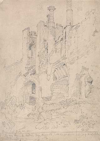 弗拉姆林厄姆城堡，萨福克被毁坏的屋内的一部分`Framlingham Castle, Suffolk; Part of Ruined Interior (ca. 1815) by John Sell Cotman