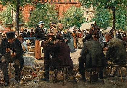 吕贝克的集市日`A Market Day in Lübeck (1889) by Hermann Linde