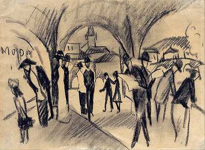 图恩拱廊下的场景`Scene Under the Arcades in Thun (1913) by August Macke