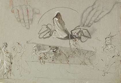 对双手仙女的研究（可能代表潘多拉魔盒的开启）`Studies of Fairies with a Pair of Hands (possibly representing the Opening of Pandoras Box) (1784) by William Lock the Younger