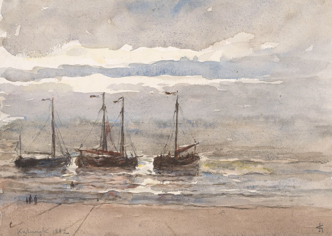 涨潮时Katwijk海滩上的渔船`Vissersschepen op het strand van Katwijk bij opkomende vloed (1882) by Carel Nicolaas Storm van ;s-Gravesande