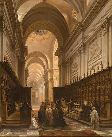 巴黎，第二帝国时期圣日内瓦大教堂的唱诗班，`Paris, Choir of the Basilica of St. Geneviève (Panthéon) during the Second Empire, (1852) by Jules Victor Génisson