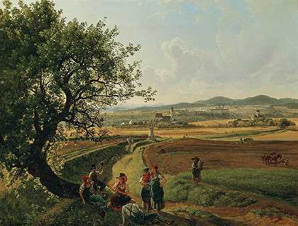 背景为梅尔克修道院的施罗斯·埃默斯多夫庄园和罗森霍夫庄园`Ansicht der Herrschaften Schloss Emmersdorf und Rothenhof mit Stift Melk im Hintergrund (1826) by Joseph Rebell