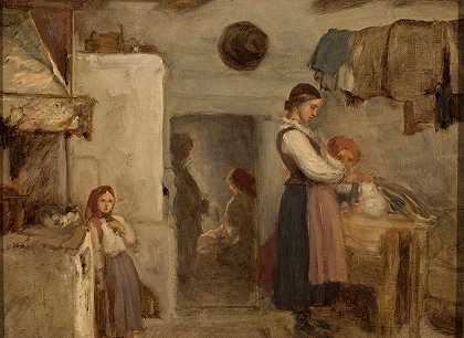 农舍屋内`Peasant cottage interior (1877) by Aleksander Kotsis