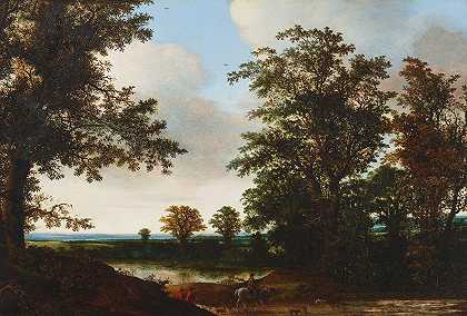 前景中有旅行者的风景`A landscape with travelers in the foreground by Hendrik Cornelisz. Vroom