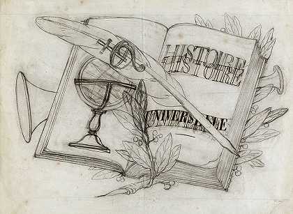 组成包括l的体积万向节历史记录（用于结转的凹形图纸）`Composition comprenant un volume de lHistoire Universelle (dessin piqué pour le report) by Jacques François Carbillet