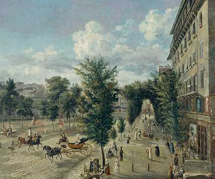 Capucines大道和下城墙街，第二和第九区。`Le Boulevard des Capucines et la Rue Basse~du~Rempart, 2ème et 9ème arrondissements. (1818~1820) by Alexandre Pau de Saint-Martin