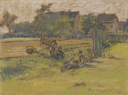 草地上的孩子们`Children on a meadow (1906) by Ferdinand Balzer