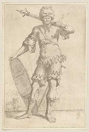 士兵，面色阴沉，扛着长矛，拿着盾牌`Soldier, En Face, Shouldering a Pike and Holding a Shield (1656 ~ 1657) by Salvator Rosa