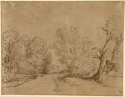 树木繁茂的道路`A Wooded Road (1650) by Rembrandt van Rijn