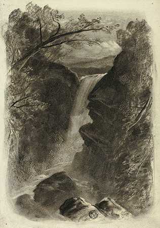 山间瀑布`Mountain Waterfall (c. 1855) by Elizabeth Murray