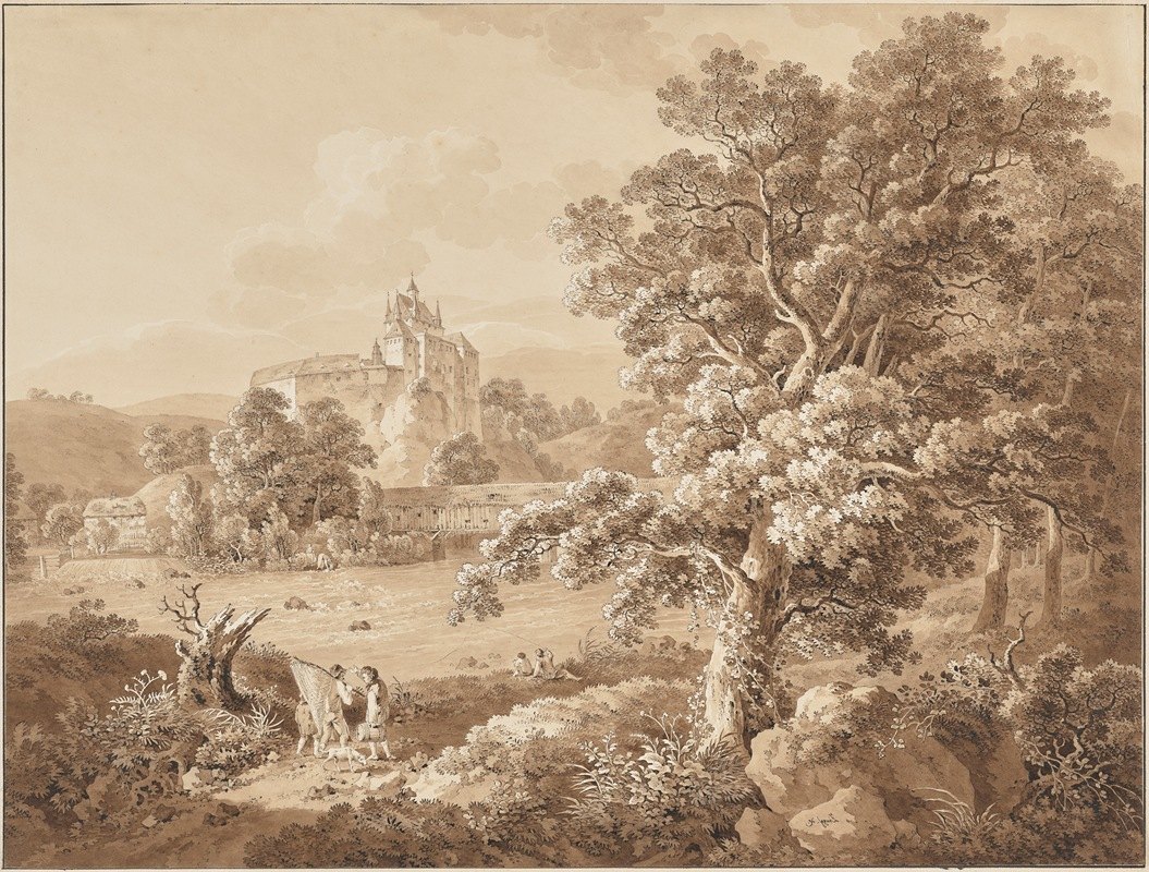 Zschopau河上的渔民`Fishermen on the River Zschopau by Kriebstein Castle, Saxony (1785) by Kriebstein Castle, Saxony by Adrian Zingg