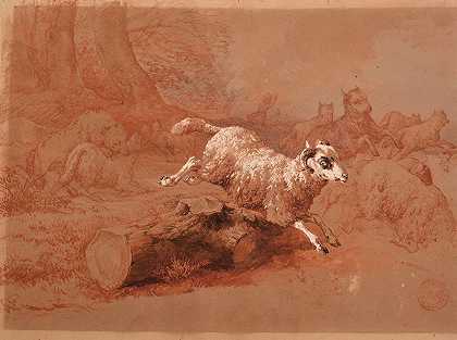 一群羊逃离狼`Troupeau de moutons fuyant un loup (1845) by Jacques-Raymond Brascassat