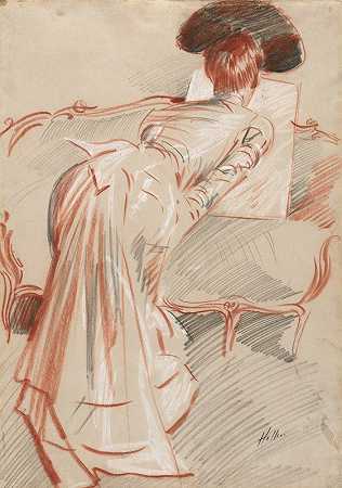 女人（可能是爱丽丝·赫鲁夫人）看着一幅画`Woman (Possibly Madame Alice Hellu) Looking at a Drawing (c. 1895) by Paul César Helleu