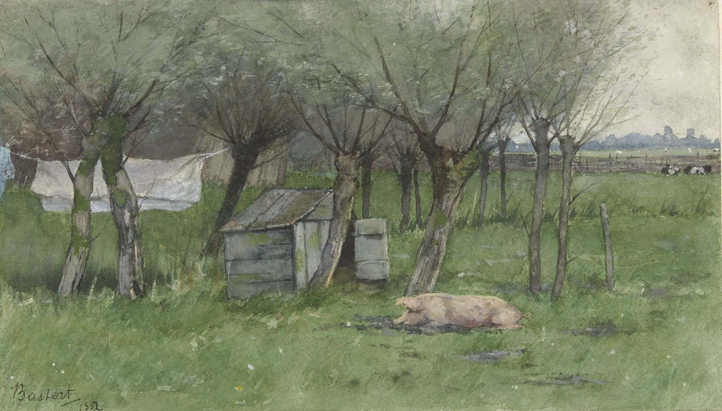 农民的牧群和躺着的猪`Boerenerf met liggend varken (1882) by Nicolaas Bastert