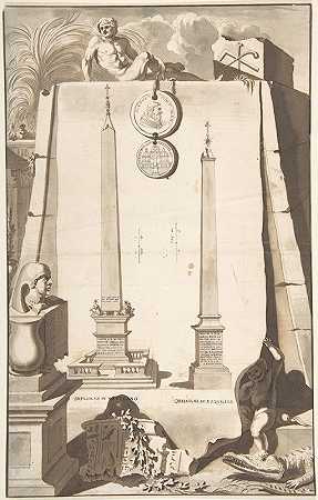 可以看到两座方尖碑，一座在梵蒂冈，另一座在埃斯奎林山。`A View of Two Obelisks, One in the Vatican and the Other on the Esqualine Hill. (before 1704) by Jan Goeree