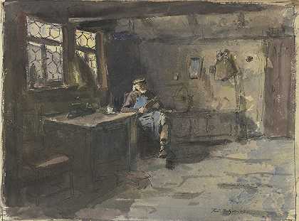 老人坐在简单的客厅里看书`Alter sitzender Mann in einfachem Wohnraum lesend (1907) by Ferdinand Balzer
