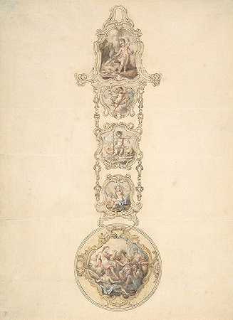 搪瓷表壳和带有神话人物的城堡的设计`Design for an Enameled Watchcase and Châtelaine with Mythological Figures (ca. 1766) by George Michael Moser