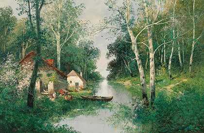 春天的河流景观`A River Landscape in Spring by Adolf Kaufmann