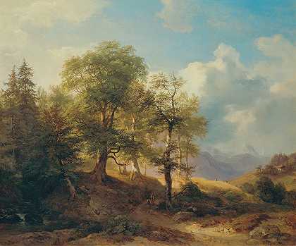 高山上的夏日风景`Sommerlandschaft im Hochgebirge (1856) by Josef Höger