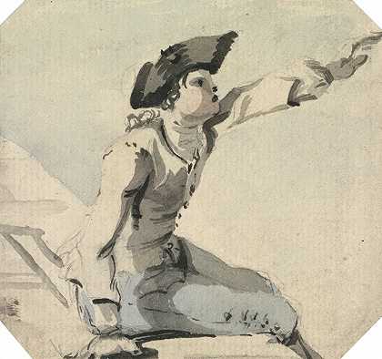 坐在栏杆上挥舞左臂的男子`Man Seated on a Parapet Waving his Left Arm by William Marlow