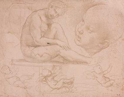 对坐着的女性、儿童和的研究还有三项关于婴儿的研究`Studies of a Seated Female, Childs Head, and Three Studies of a Baby (c. 1507–8) by Raphael