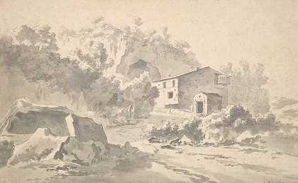 位于南部风景区山坡上的房子`A House on a Hillside in a Southern Landscape (mid~17th century) by Adam Pynacker
