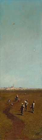 放风筝`Flying Kites (1880) by Carl Spitzweg