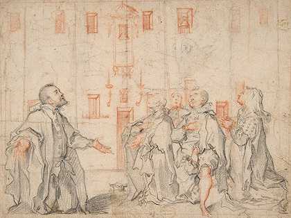 跪在街道神社前的家庭团体`Family Group Kneeling Before a Street Shrine (ca. 1600) by Ventura Salimbeni