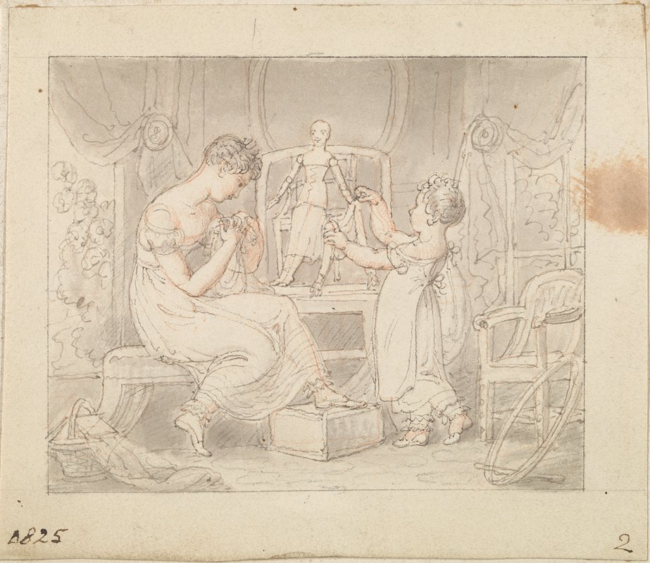 新娃娃的插图为娃娃缝制衣服`Illustration for The New Doll; Sewing Clothes for the Doll (1825) by Edward Francis Burney