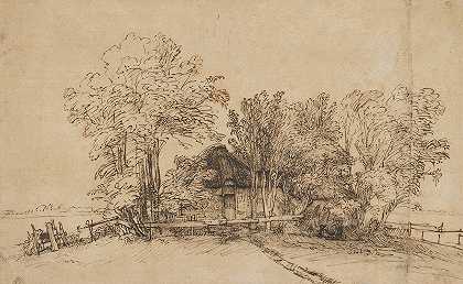 林间小屋`Cottage among Trees (ca. 1650) by Rembrandt van Rijn