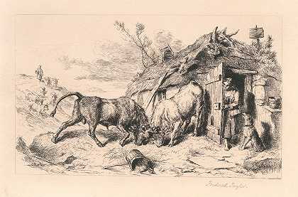两头公牛在打架`Two Bulls fighting by a Cottage by a Cottage by John Frederick Tayler