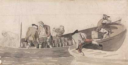 男人们在船上装桶`Men Loading a Boat with Barrels by Samuel Scott